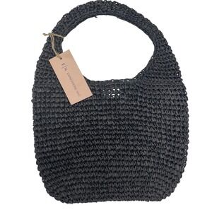 Expressions NYC Black Woven Straw Shoulder Bag Vegan Sustainable Boho Hobo NWT